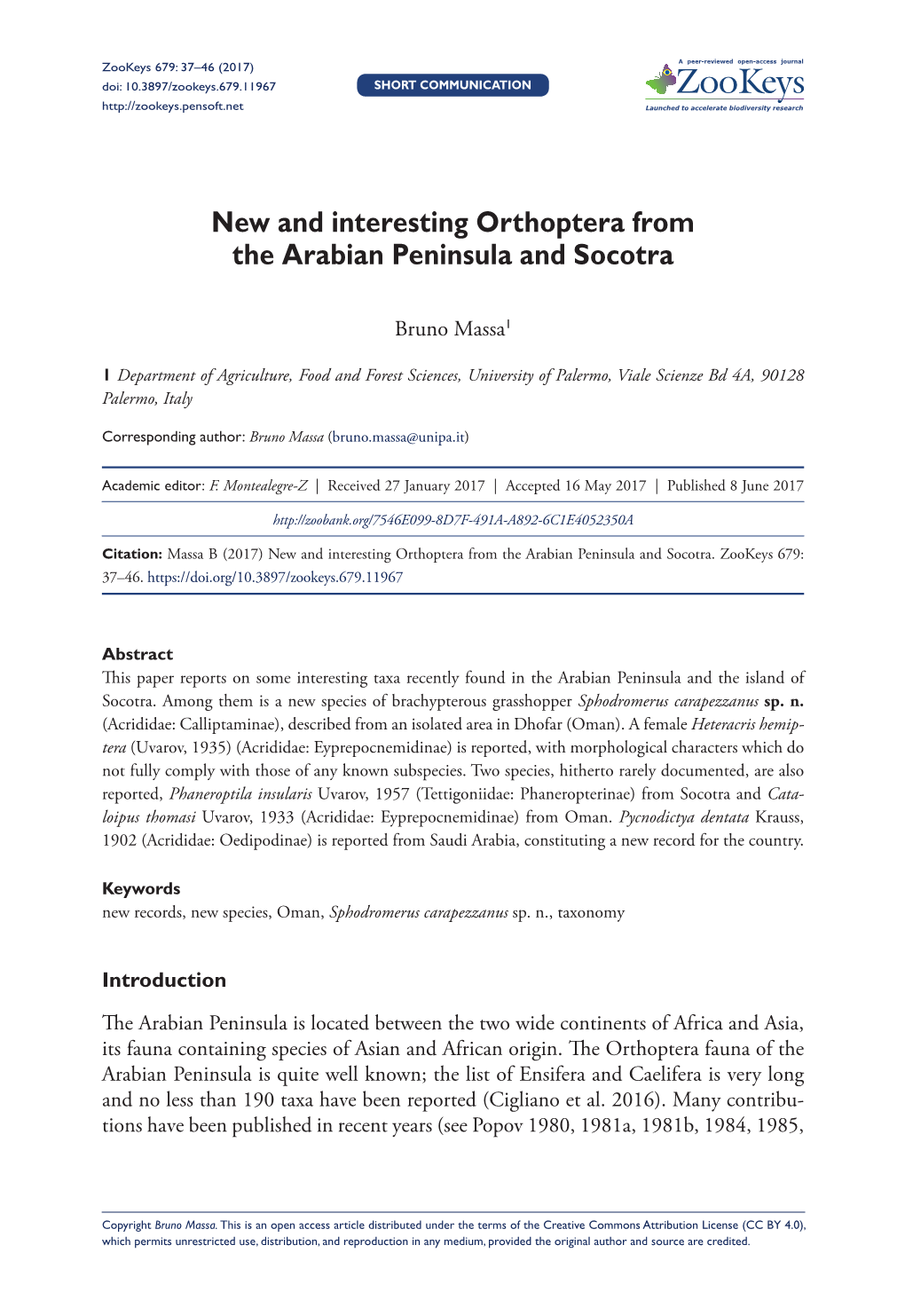 New and Interesting Orthoptera from the Arabian Peninsula and Socotra