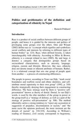 Politics and Problematics of the Definition and Categorization of Ethnicity in Nepal