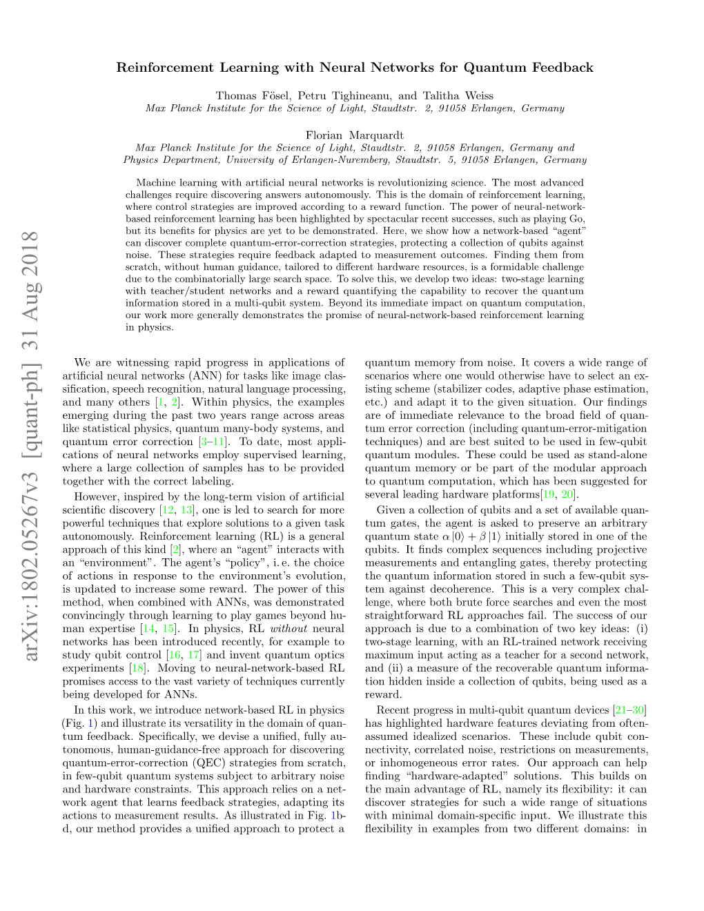 Arxiv:1802.05267V3 [Quant-Ph] 31 Aug 2018 Experiments [18]