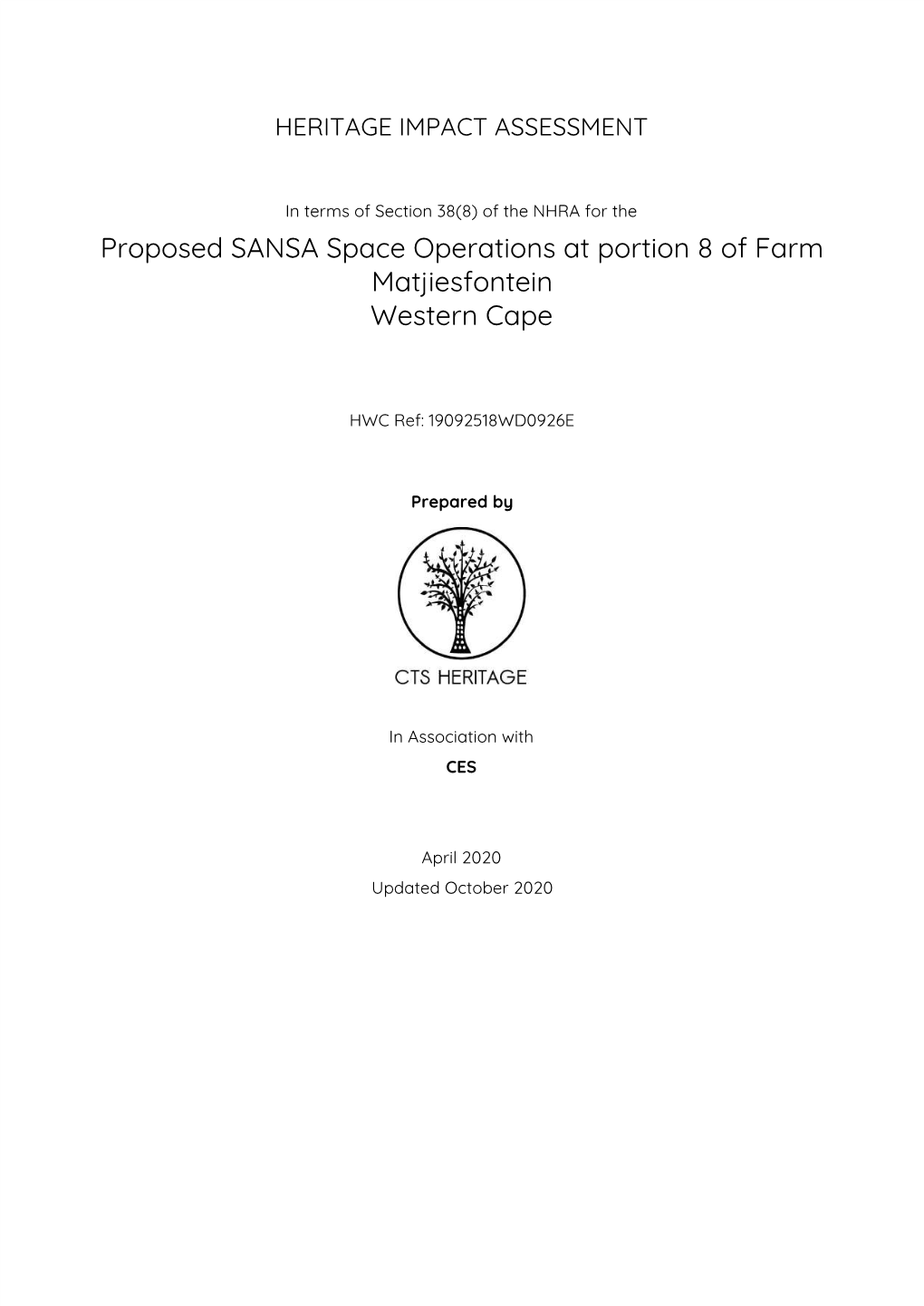 Proposed SANSA Space Operations at Portion 8 of Farm Matjiesfontein Western Cape