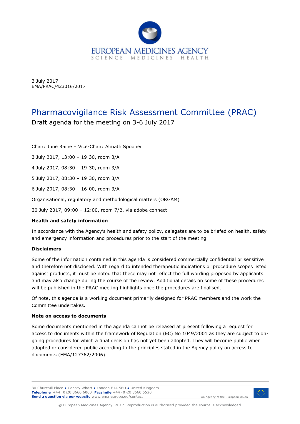 PRAC Draft Agenda of Meeting on 3-6 July 2017