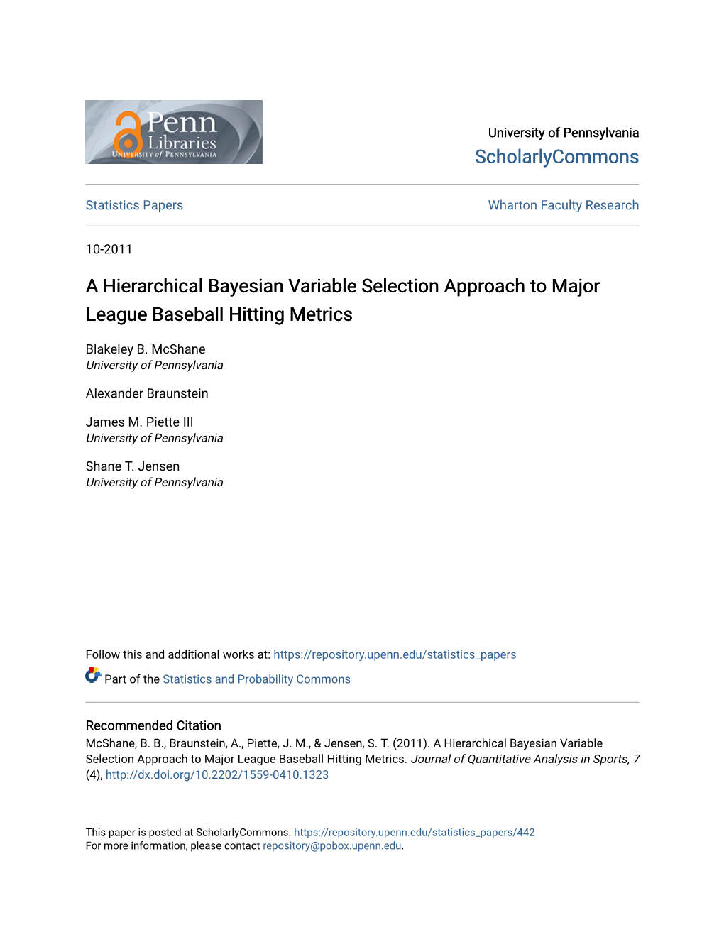 A Hierarchical Bayesian Variable Selection Approach to Major League Baseball Hitting Metrics