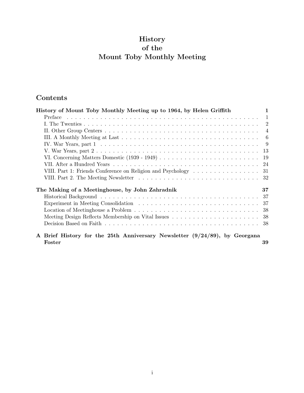 History of the Mount Toby Monthly Meeting Contents