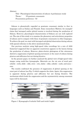 Abstract Title : Physiological Characteristics of Sokuon: a Preliminary Study Theme : (2) Geminate Consonants Presentation Preference : (B)