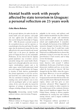 Mental Health Work with People Affected by State Terrorism in Uruguay: a Personal Reflection on 25 Years Work Intervention 2013, Volume 11, Number 1, Page 94 - 100