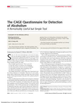 The CAGE Questionnaire for Detection of Alcoholism a Remarkably Useful but Simple Tool