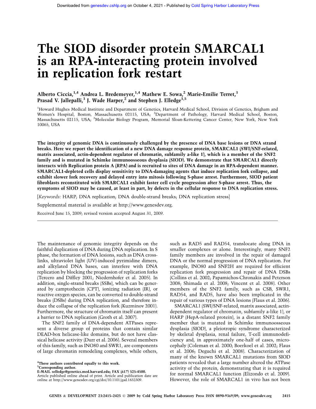 The SIOD Disorder Protein SMARCAL1 Is an RPA-Interacting Protein Involved in Replication Fork Restart