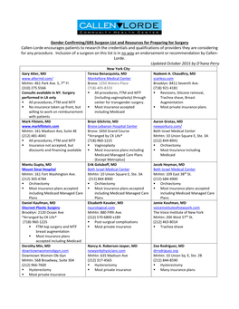 Gender Confirming/GRS Surgeon List and Resources for Preparing For