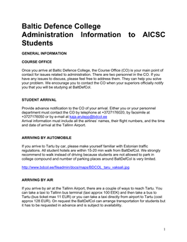 Baltic Defence College Administration Information to AICSC Students