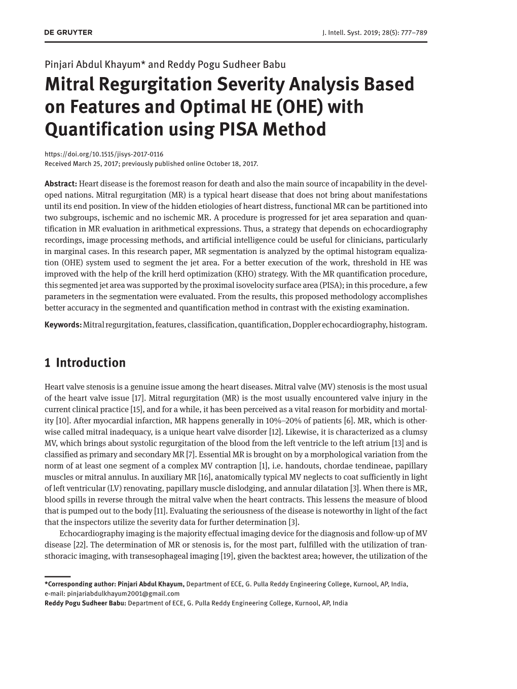 Mitral Regurgitation Severity Analysis Based on Features and Optimal HE