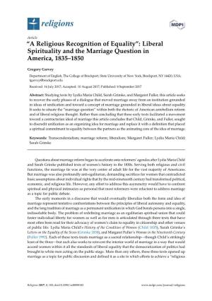 “A Religious Recognition of Equality”: Liberal Spirituality and the Marriage Question in America, 1835–1850