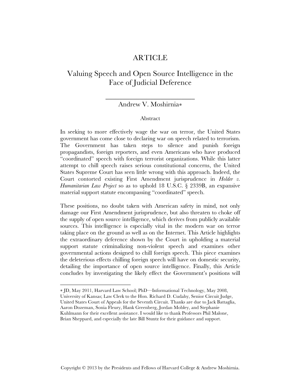 ARTICLE Valuing Speech and Open Source Intelligence in the Face Of
