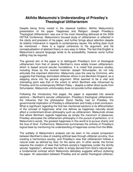 Akihito Matsumoto's Understanding of Priestley's Theological Utilitarianism