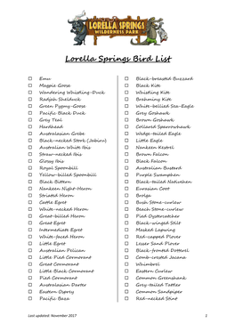 Lorella Springs Bird List