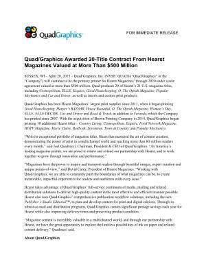 Quad/Graphics Awarded 20-Title Contract from Hearst Magazines Valued at More Than $500 Million