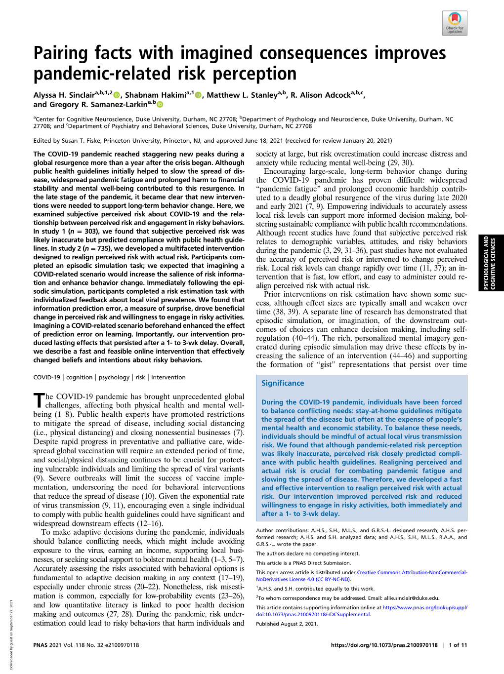 Pairing Facts with Imagined Consequences Improves Pandemic-Related Risk Perception