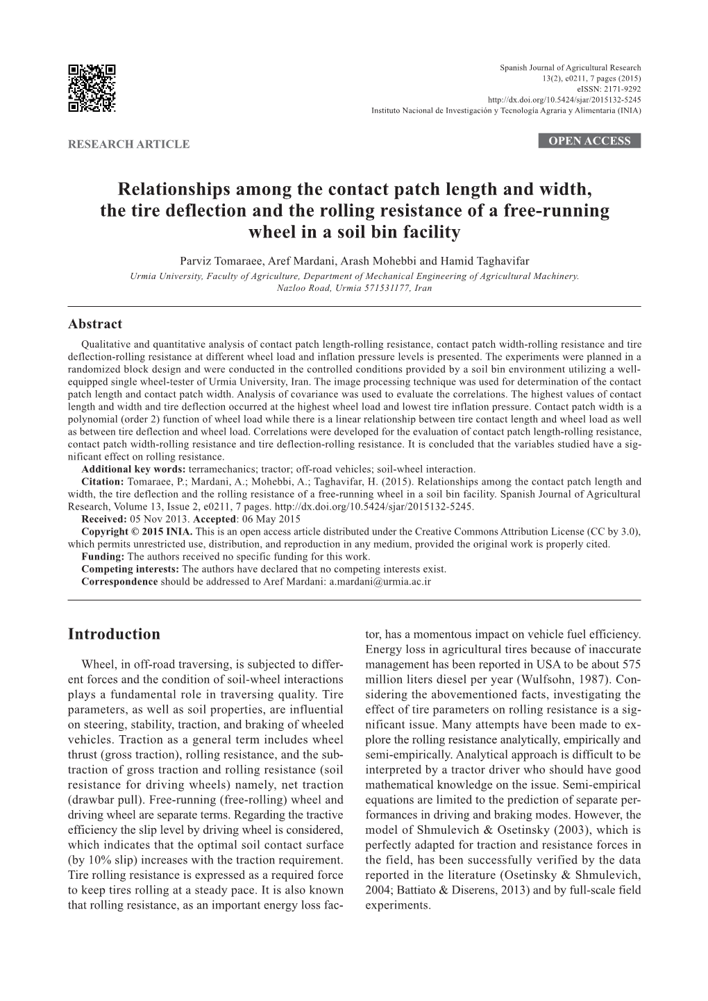 Relationships Among the Contact Patch Length and Width, the Tire Deflection and the Rolling Resistance of a Free-Running Wheel in a Soil Bin Facility