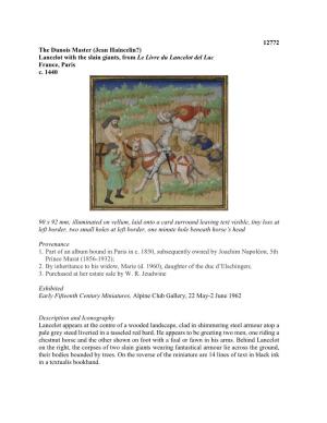 12772 the Dunois Master (Jean Haincelin?) Lancelot with the Slain Giants, from Le Livre Du Lancelot Del Lac France, Paris C