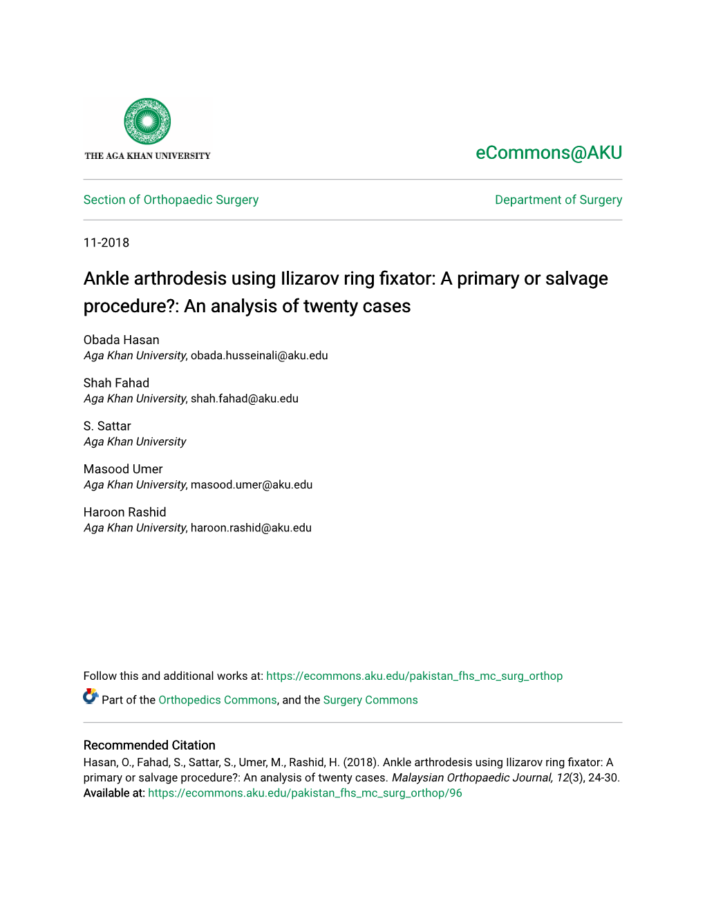 Ankle Arthrodesis Using Ilizarov Ring Fixator: a Primary Or Salvage Procedure?: an Analysis of Twenty Cases