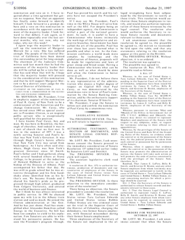 S10906 CONGRESSIONAL RECORD — SENATE October 21, 1997 Nomination and Vote on It