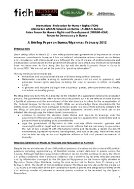 A Briefing Paper on Burma/Myanmar, February 2012