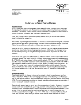 WFCR Background on Recent Program Changes