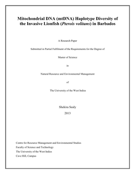 Haplotype Diversity of the Invasive Lionfish (Pterois Volitans) in Barbados