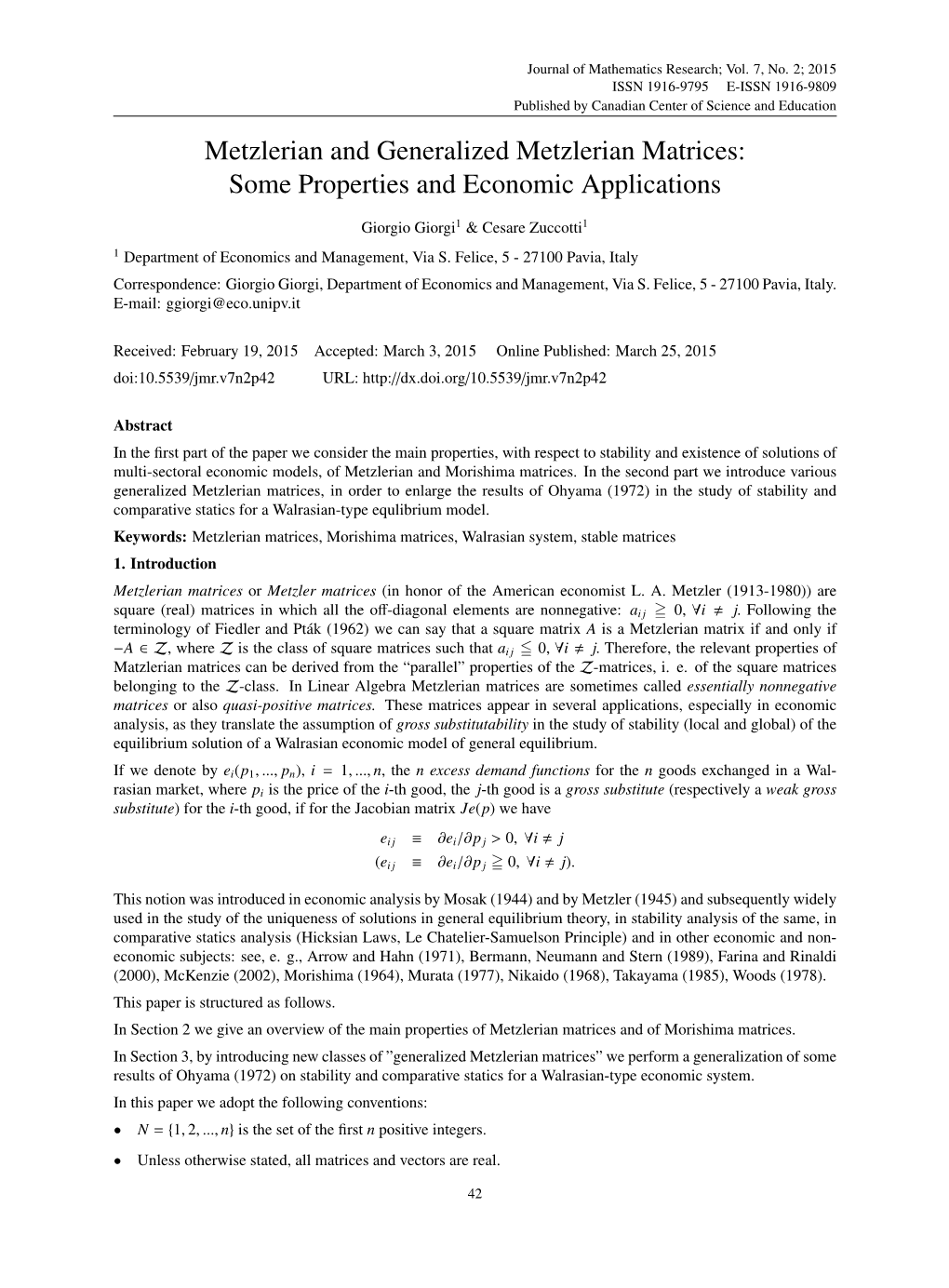 Metzlerian and Generalized Metzlerian Matrices: Some Properties and Economic Applications