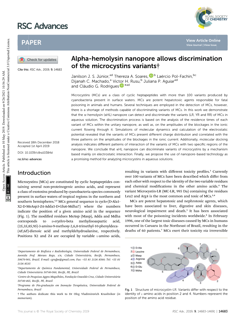 Alpha-Hemolysin Nanopore Allows Discrimination of the Microcystins Variants† Cite This: RSC Adv.,2019,9, 14683 Ad B Bc Janilson J