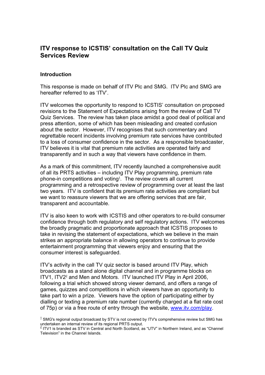 ITV Response to ICSTIS’ Consultation on the Call TV Quiz Services Review