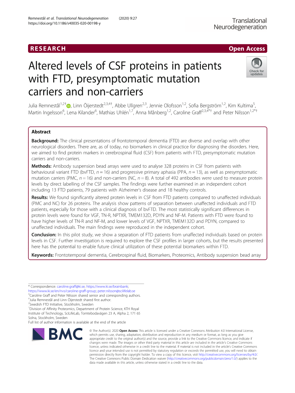 Altered Levels of CSF Proteins in Patients with FTD, Presymptomatic