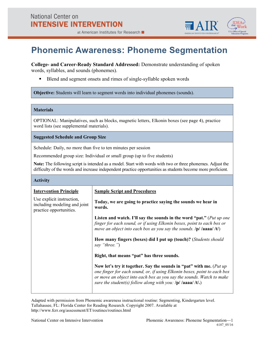 Phonemic Awareness: Phoneme Segmentation