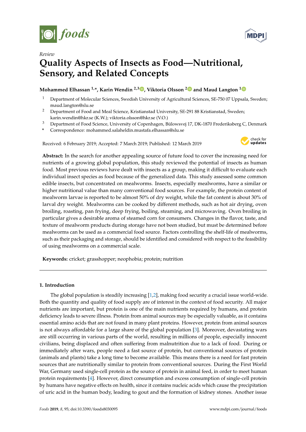 Quality Aspects of Insects As Food—Nutritional, Sensory, and Related Concepts