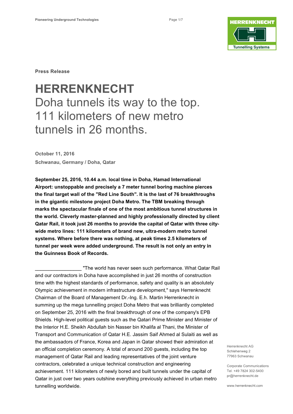 HERRENKNECHT Doha Tunnels Its Way to the Top. 111 Kilometers of New Metro Tunnels in 26 Months