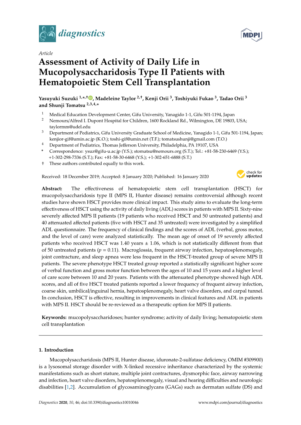 Assessment of Activity of Daily Life in Mucopolysaccharidosis Type II Patients with Hematopoietic Stem Cell Transplantation