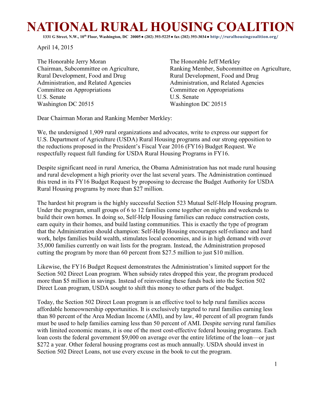 NATIONAL RURAL HOUSING COALITION 1331 G Street, N.W., 10Th Floor, Washington, DC 20005  (202) 393-5225  Fax (202) 393-3034 