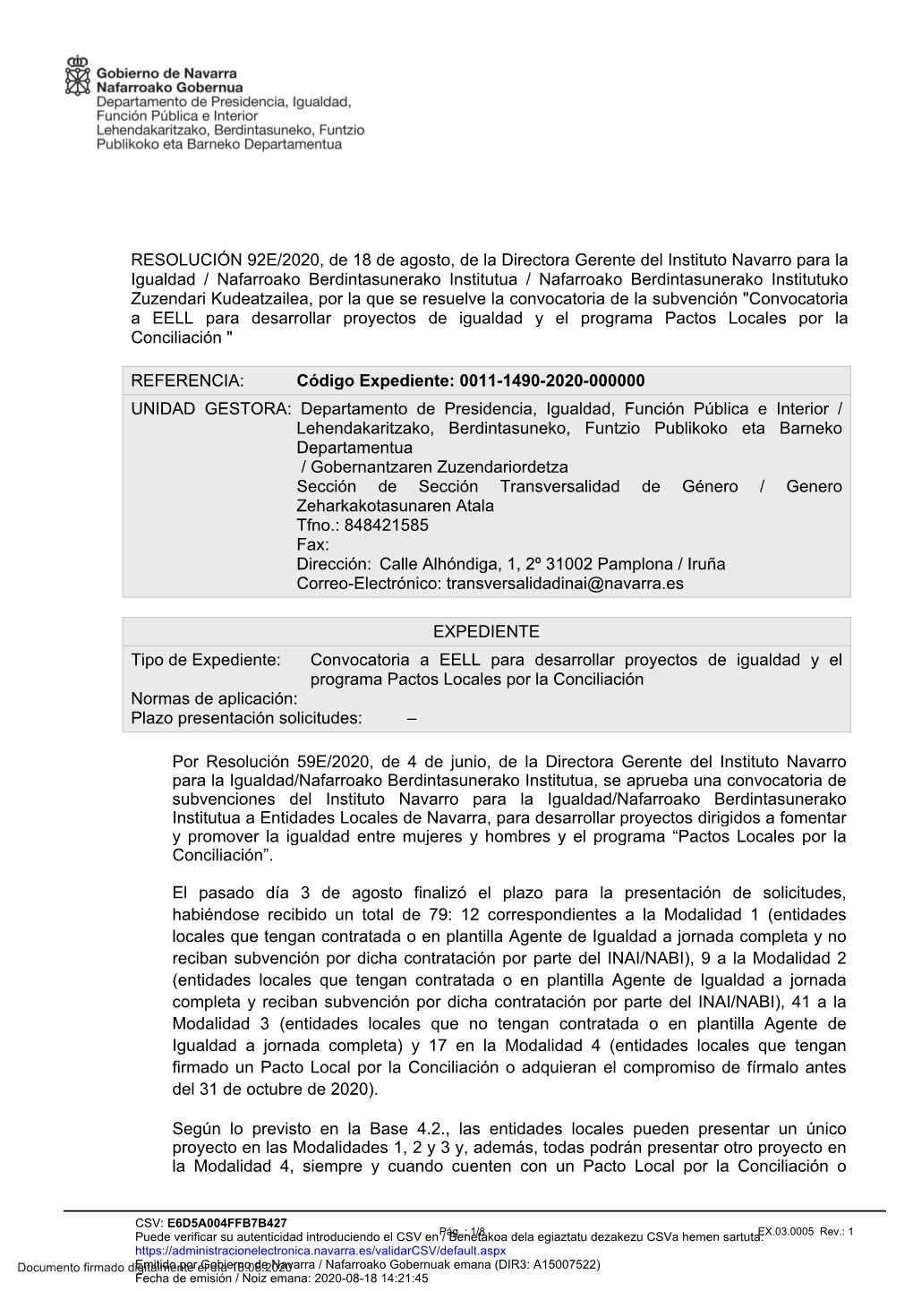 RESOLUCIÓN 92E/2020, De 18 De Agosto, De La Directora Gerente Del