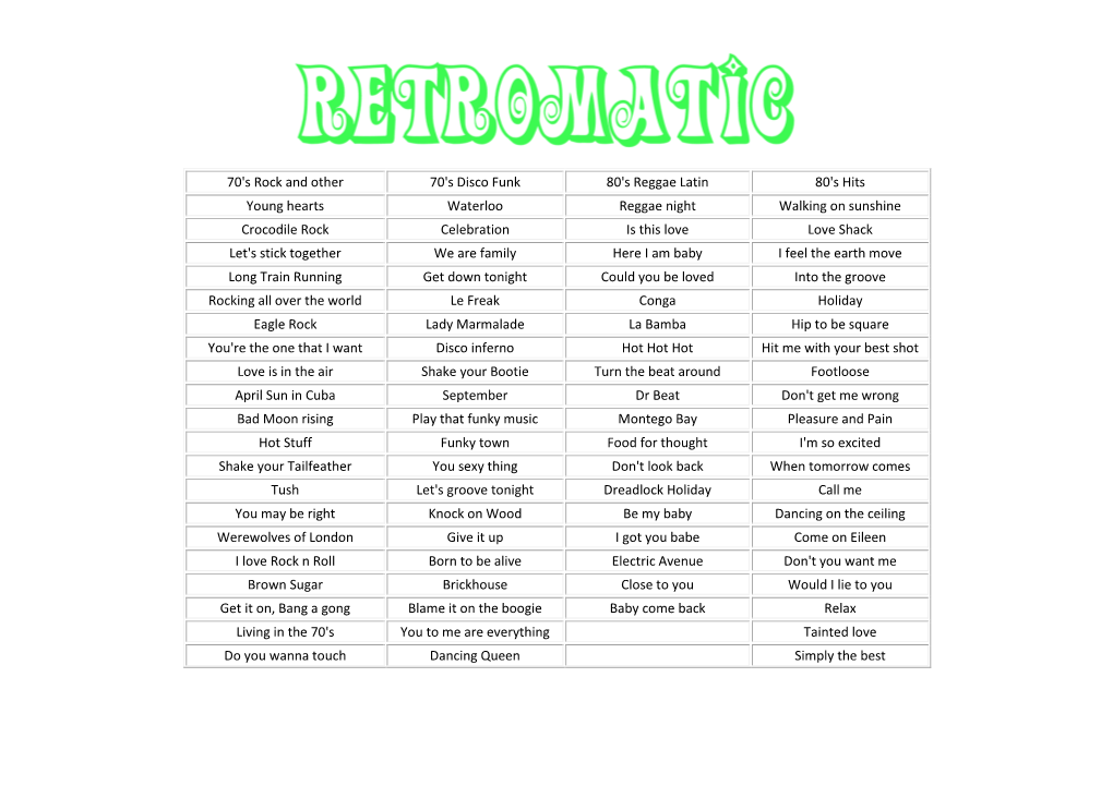 70'S Rock and Other 70'S Disco Funk 80'S Reggae Latin 80'S Hits Young Hearts Waterloo Reggae Night Walking on Sunshine Crocodile
