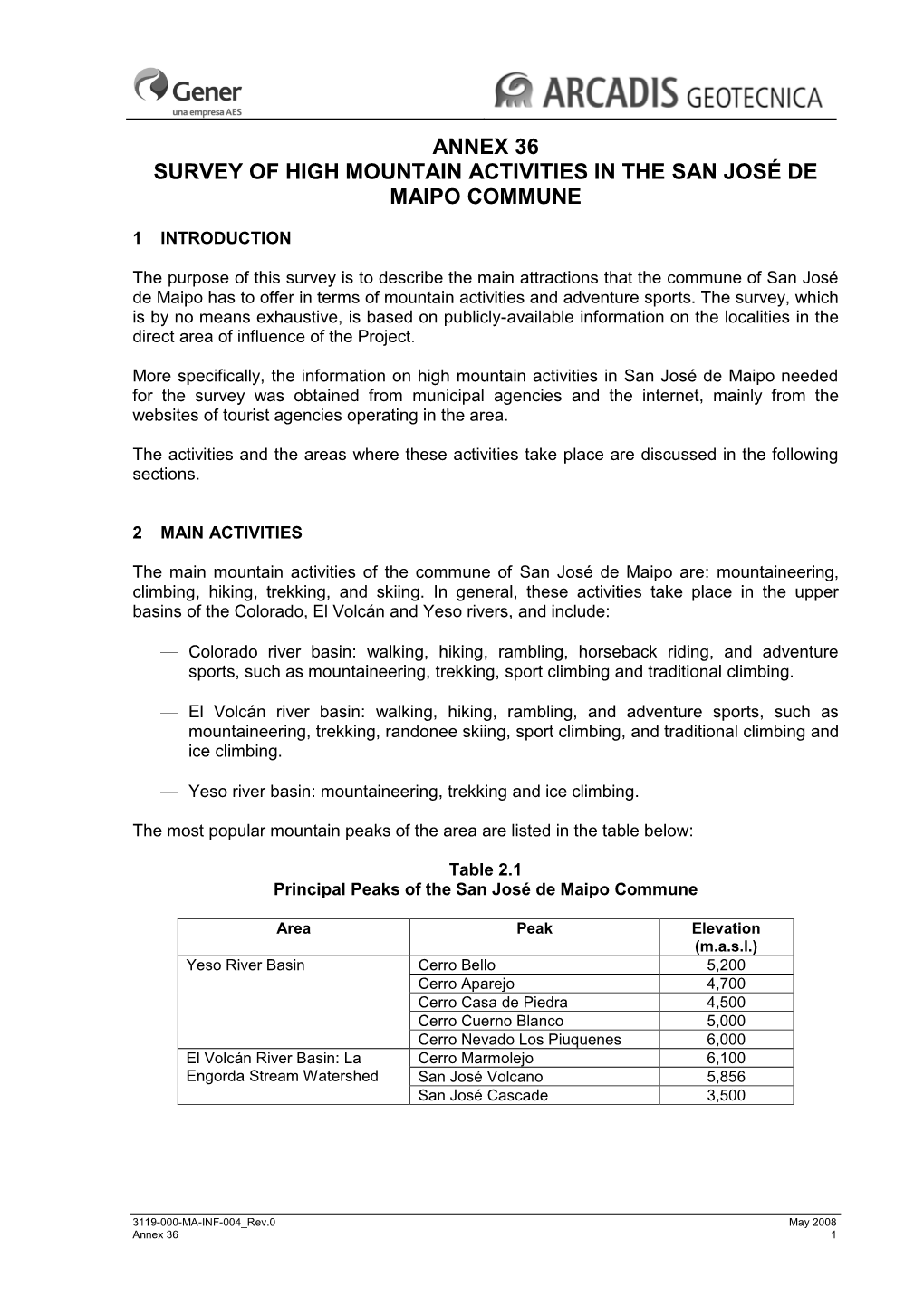 Annex 36 Survey of High Mountain Activities in the San José De Maipo Commune