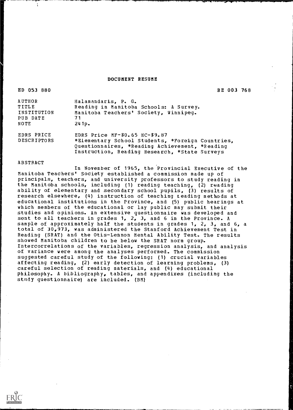 DOCUMENT RESUME ED 053 880 TITLE Reading in Manitoba Schools