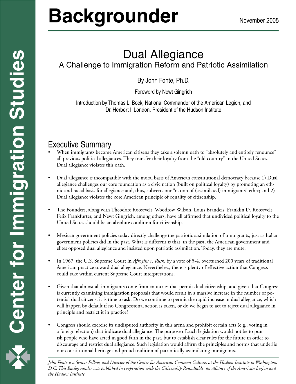 Dual Allegiance: a Challenge to Immigration Reform and Patriotic