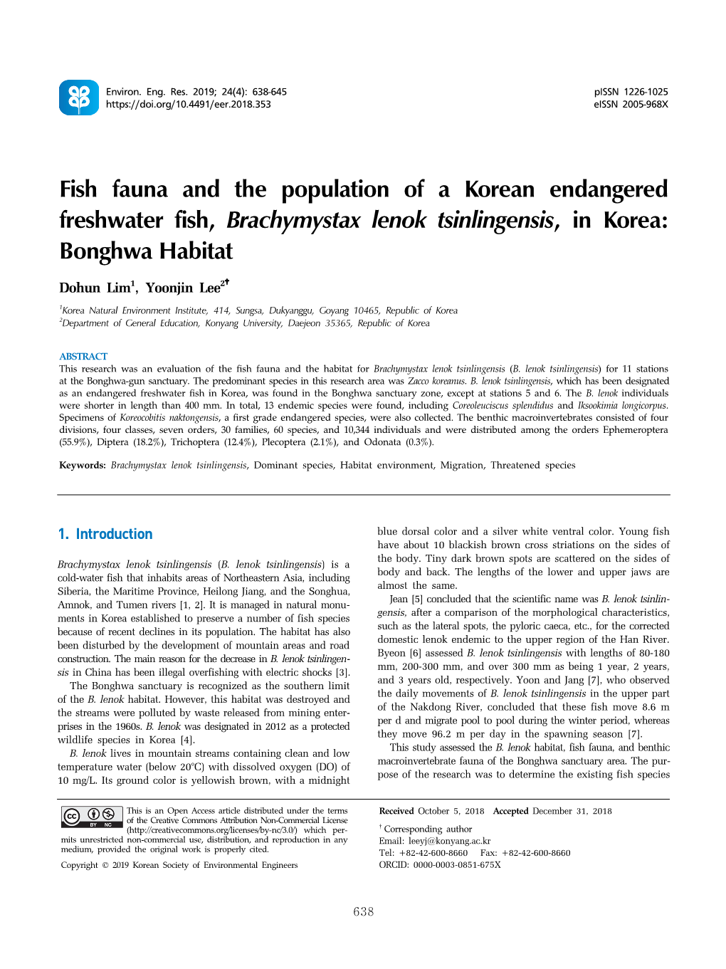 Fish Fauna and the Population of a Korean Endangered Freshwater Fish, Brachymystax Lenok Tsinlingensis, in Korea: Bonghwa Habitat