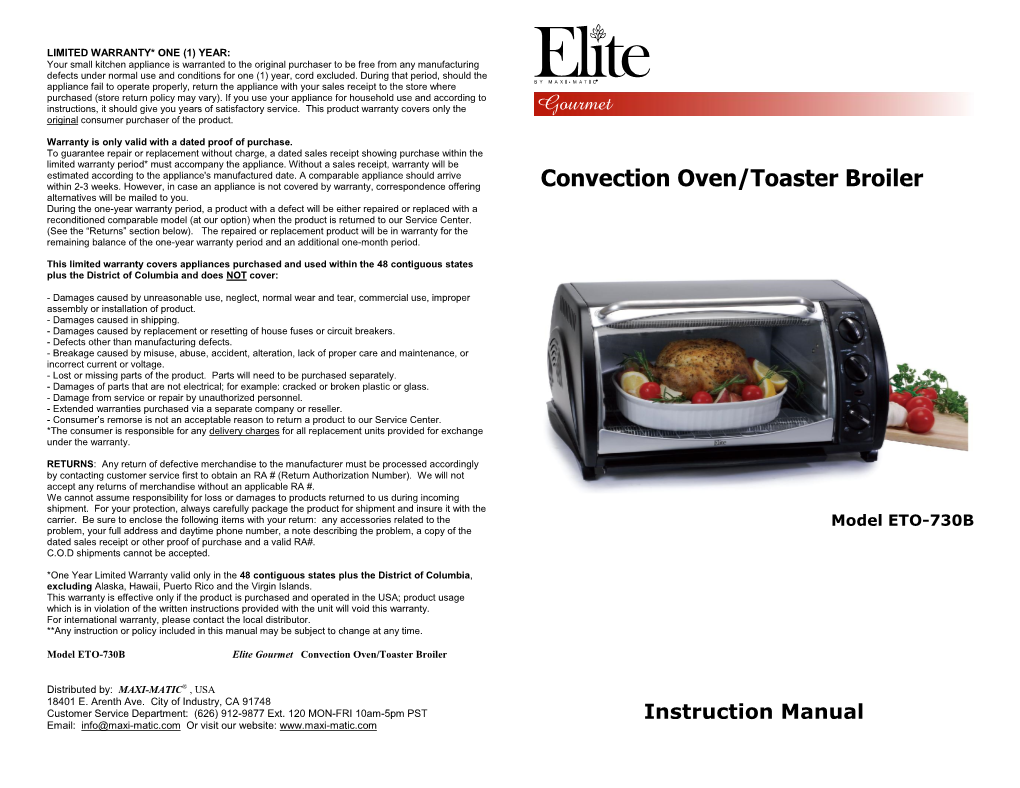 Convection Oven/Toaster Broiler Alternatives Will Be Mailed to You