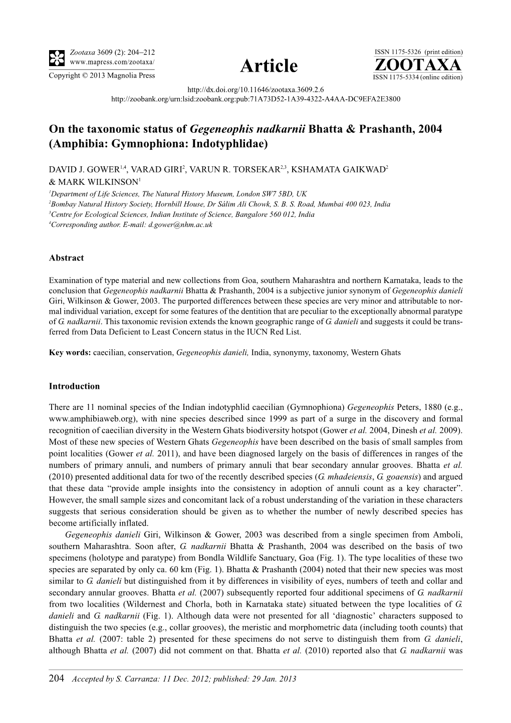 On the Taxonomic Status of Gegeneophis Nadkarnii Bhatta & Prashanth, 2004 (Amphibia: Gymnophiona: Indotyphlidae)