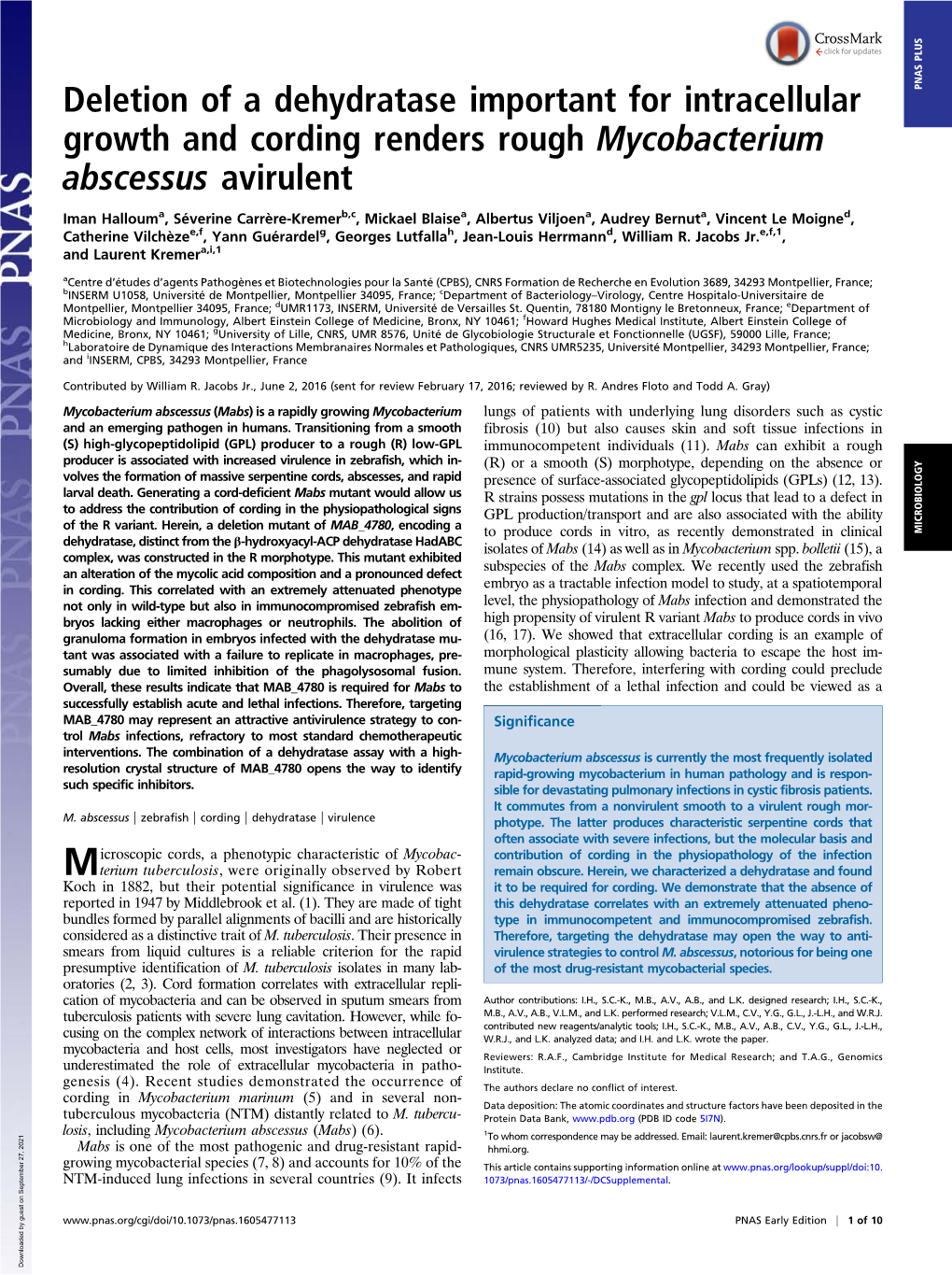 Deletion of a Dehydratase Important for Intracellular Growth and Cording