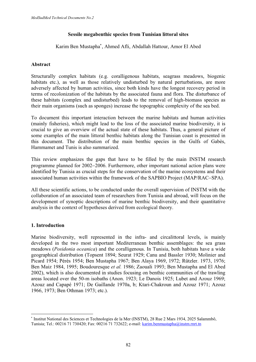 Sessile Megabenthic Species from Tunisian Littoral Sites Karim Ben