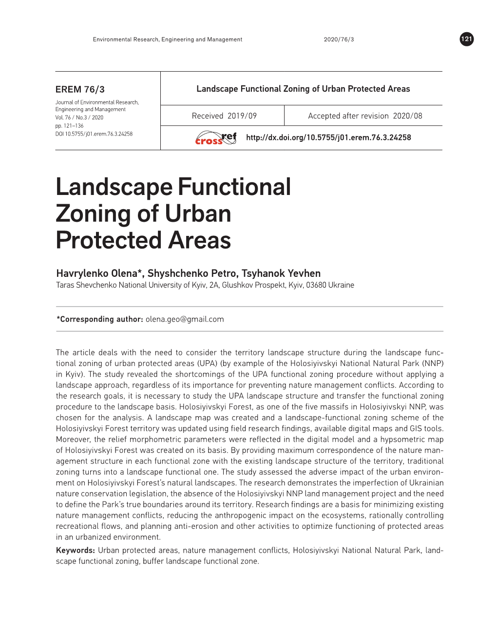 Landscape Functional Zoning of Urban Protected Areas Journal of Environmental Research, Engineering and Management Vol