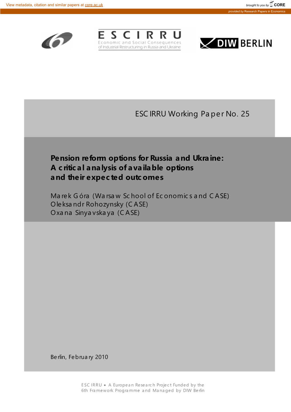 ESCIRRU Working Paper No. 25 Pension Reform Options for Russia