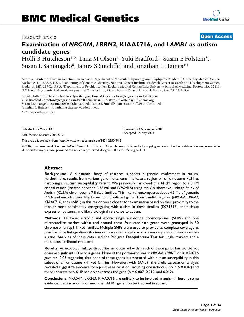 BMC Medical Genetics Biomed Central