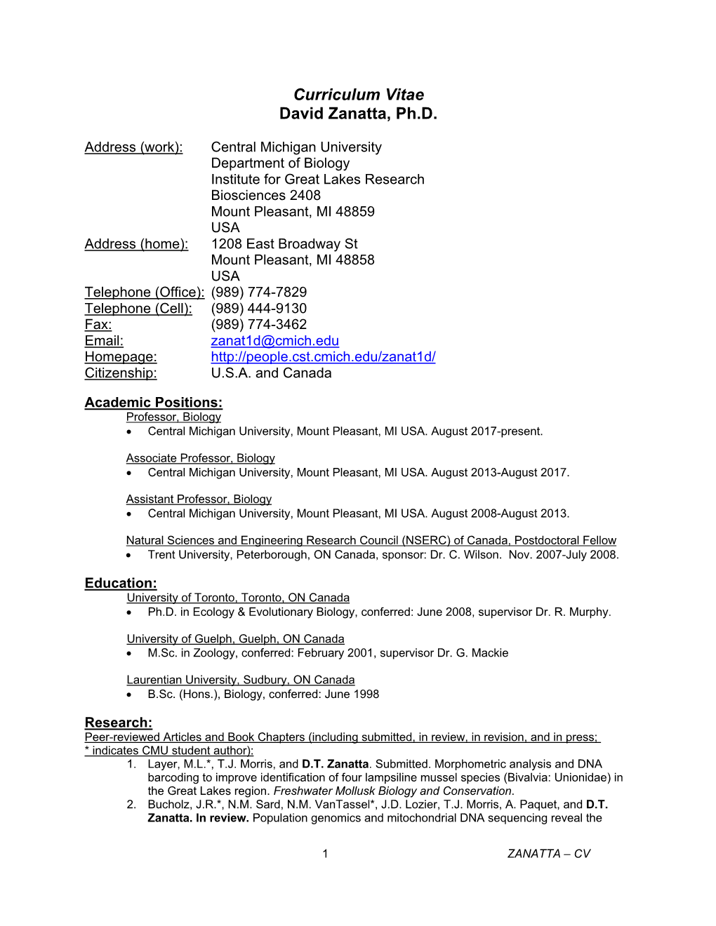 Curriculum Vitae David Zanatta, Ph.D